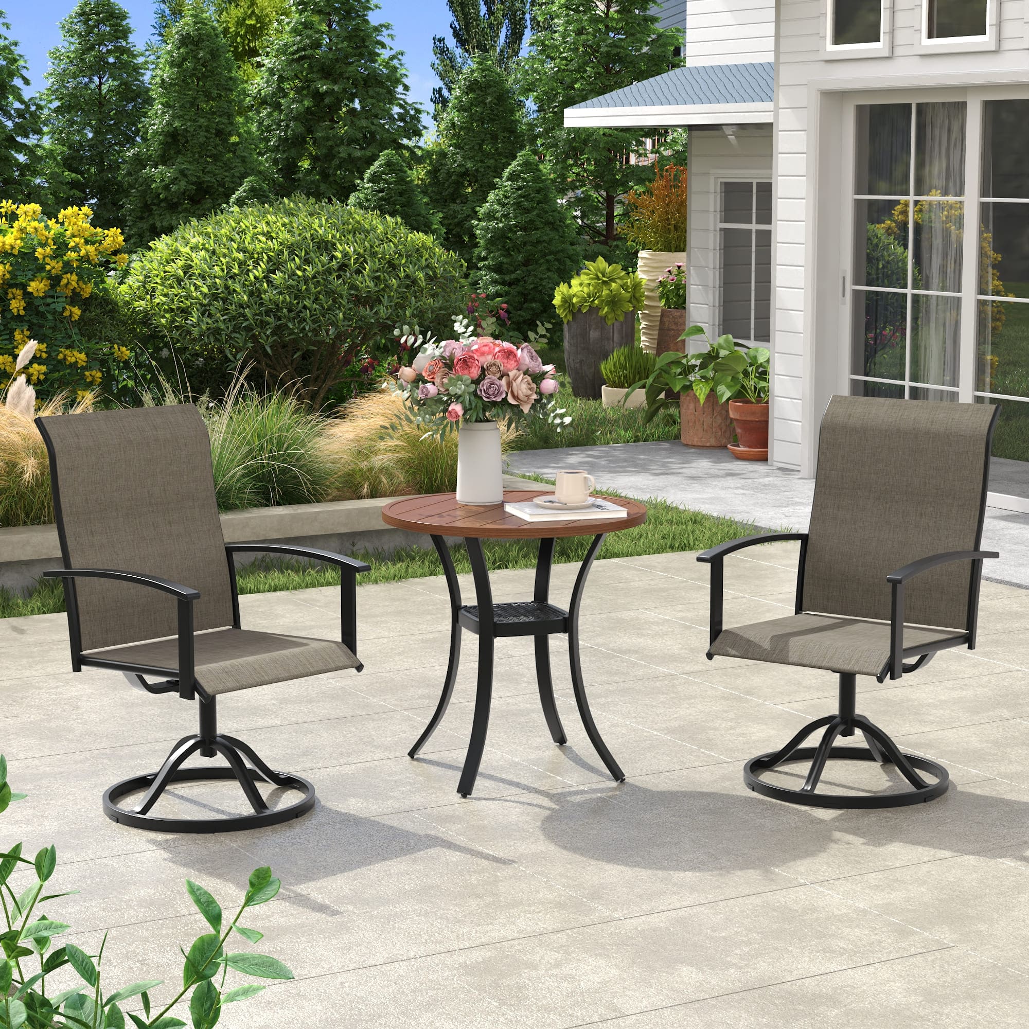 Vicllax 3 Pieces Outdoor Dining Set, 27.6" Round Bar Table and Swivel Chair, Bistro Set for Garden, Balcony & Backyard