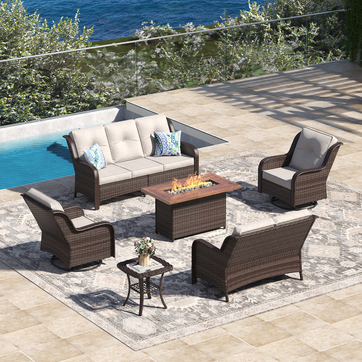 Vicllax Patio Wicker Oasis Lounge Set, 5 Seater with Fire table & Loveseat