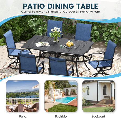 Vicllax Mesa de comedor de exterior para 6 personas, mesa de listones de acero curvado de metal para patio con orificio para sombrilla