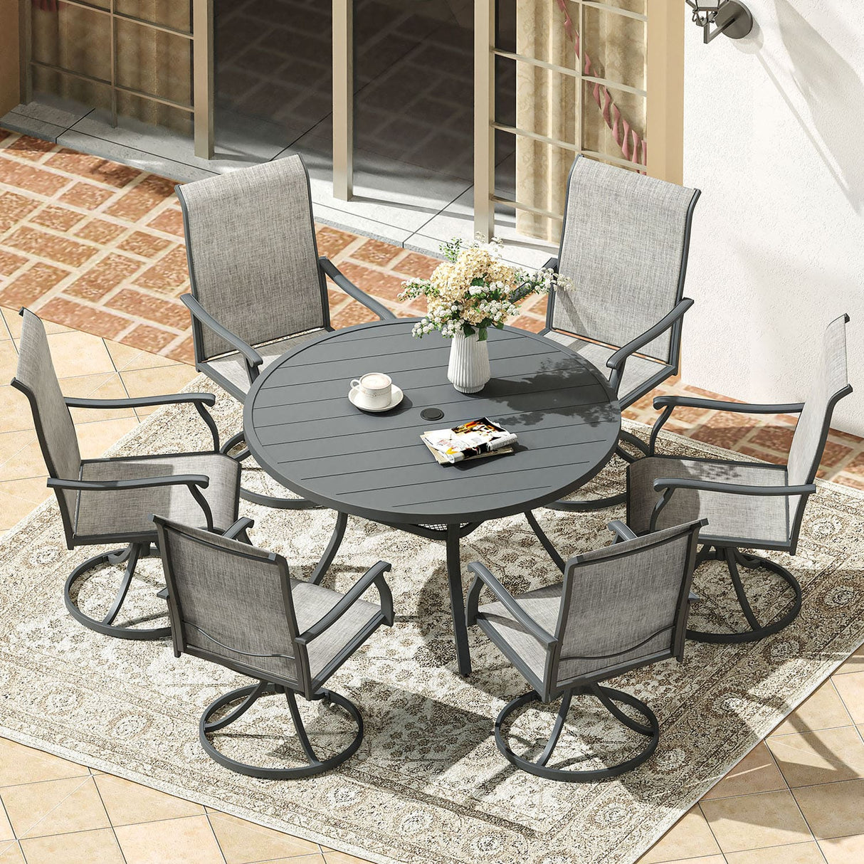 Vicllax 7 Pieces Outdoor Dining Set with 48" Round Dining Table and Swivel Chairs