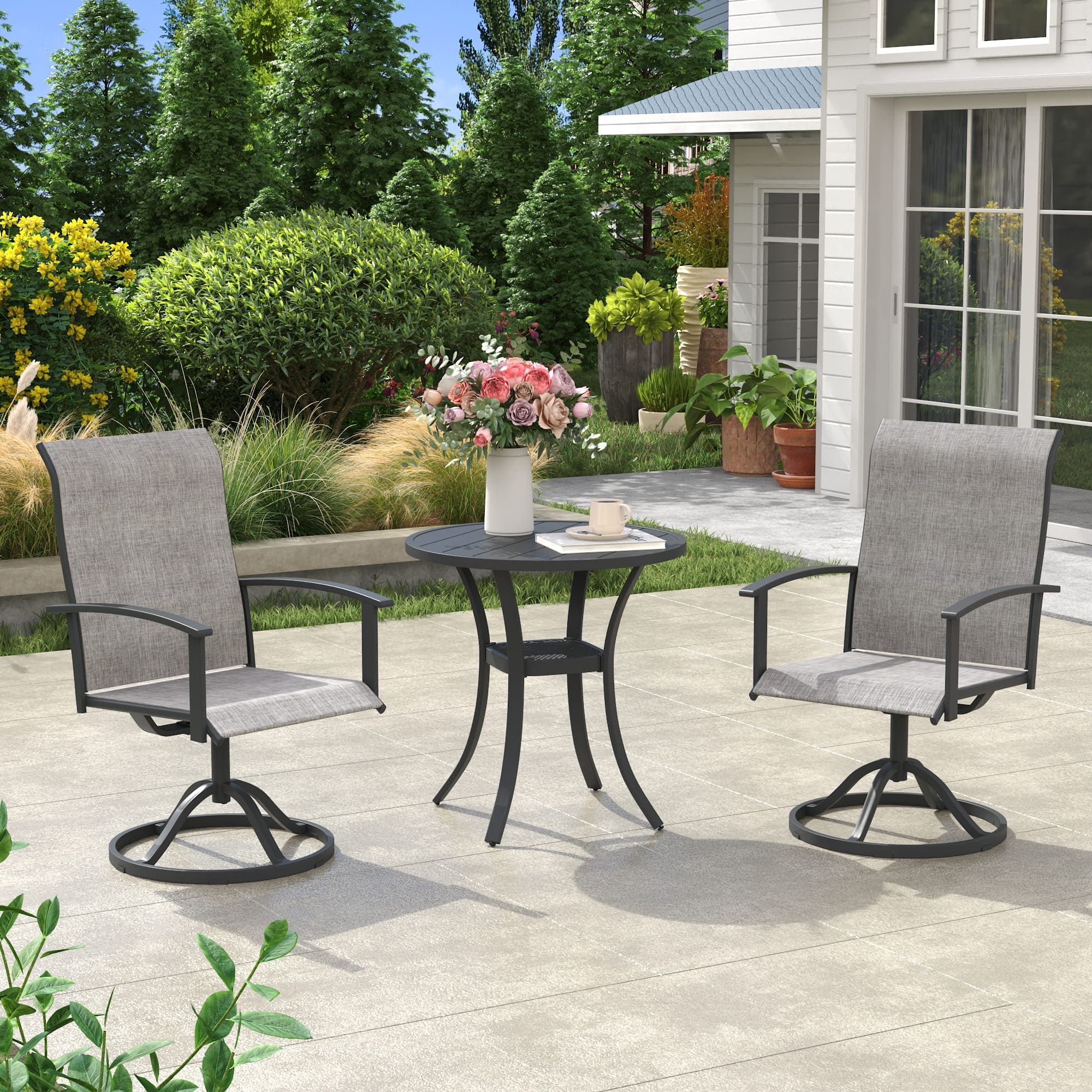 Vicllax 3 Pieces Outdoor Dining Set, 27.6" Round Bar Table and Swivel Chair, Bistro Set for Garden, Balcony & Backyard