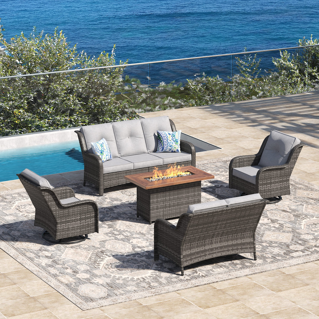 Vicllax Patio Wicker Oasis Lounge Set, 5 Seater with Fire table & Loveseat