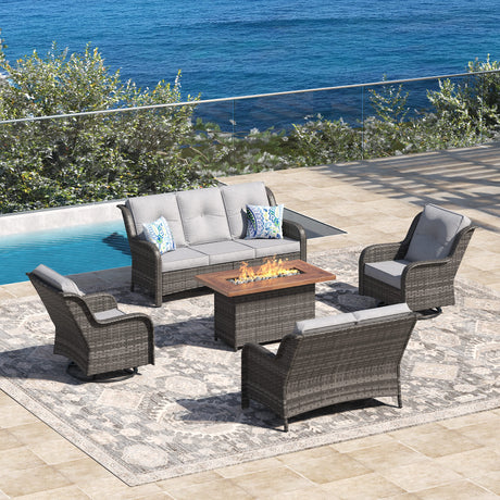 Vicllax Patio Wicker Oasis Lounge Set, 5 Seater with Fire table & Loveseat