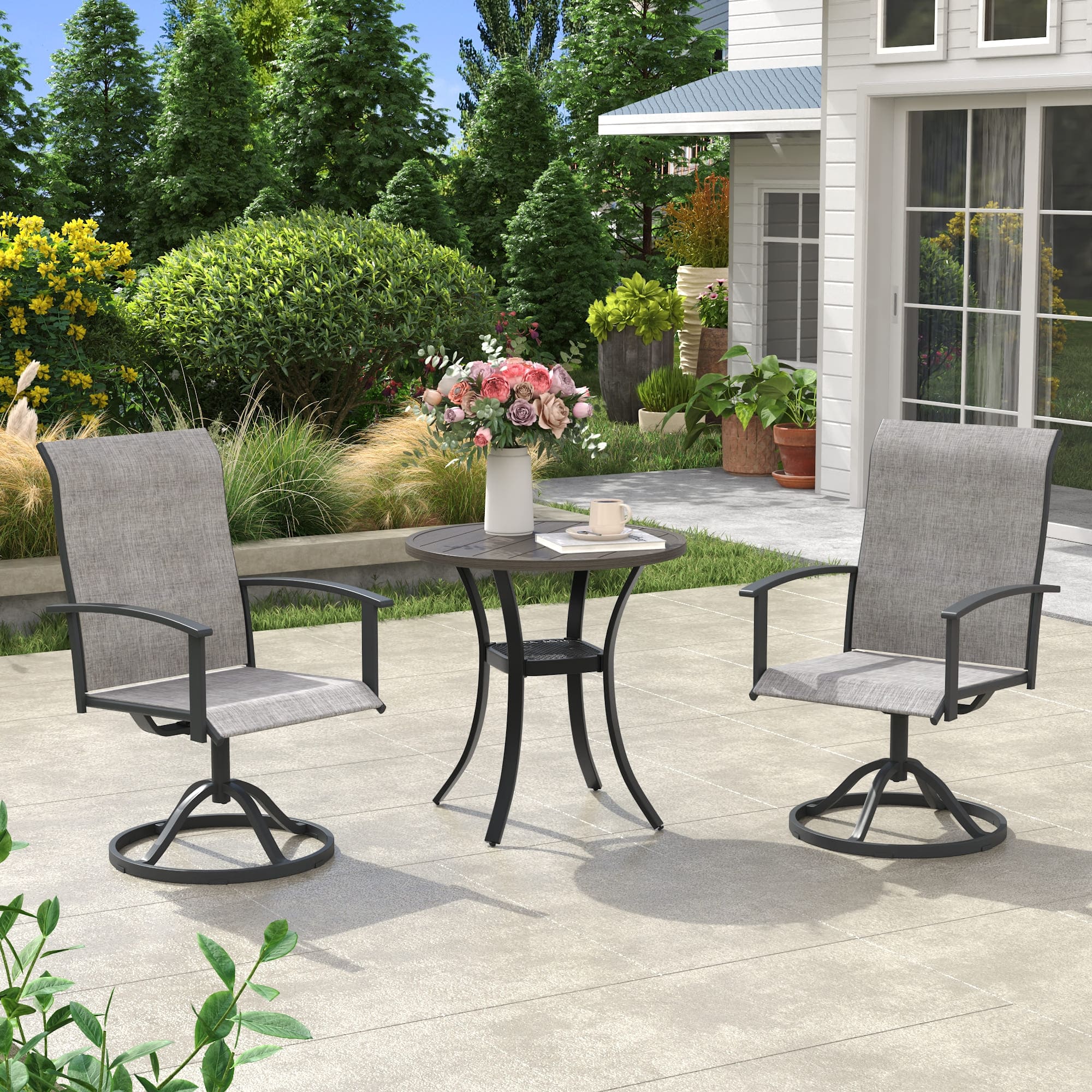 Vicllax 3 Pieces Outdoor Dining Set, 27.6" Round Bar Table and Swivel Chair, Bistro Set for Garden, Balcony & Backyard
