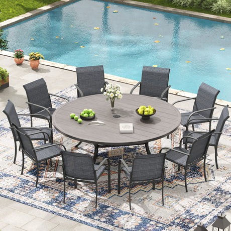 VICLLAX 11-Pcs Outdoor Dining Set, 63” Round Metal Table with Umbrella Hole & 10 Stackable  Chairs