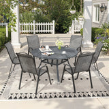 Vicllax 7 PCS Patio Dining Table Set, 47" Round Metal Table with Shelf and Horizon Stackable Chair