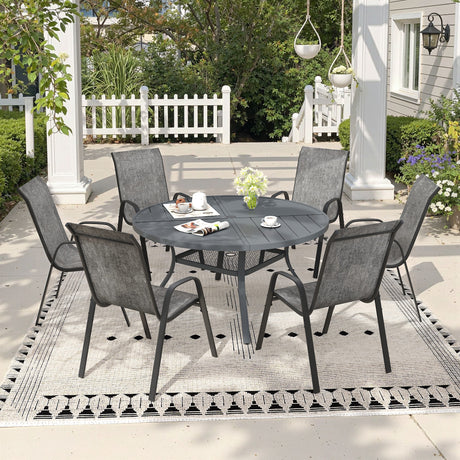 Vicllax 7 PCS Patio Dining Table Set, 47" Round Metal Table with Shelf and Horizon Stackable Chair