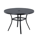 48'' round patio table with umbrella hole Vicllax Patio 42" Round Table for 4 with Umbrella Hole, All Weather Metal Outdoor Gray Wood Grain Round Table for Lawn Garden