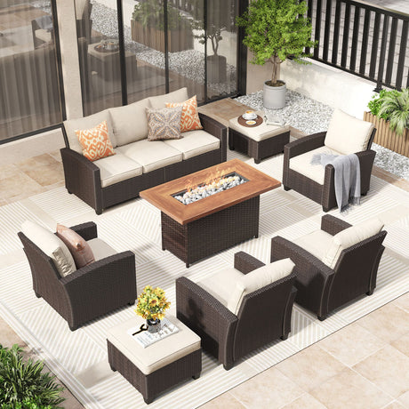 Vicllax Patio Sofa Set, Wicker Outdoor Conversation Set with Cushioned Sofa Chairs with Wicker Fire Pit, Stable Chair