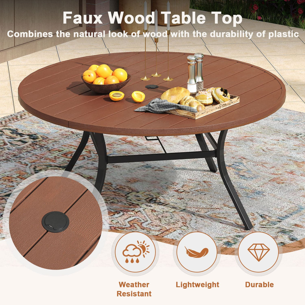 Vicllax Outdoor Plastic Top Patio Wood-Like Grain Round Dining Table for 4/6/8