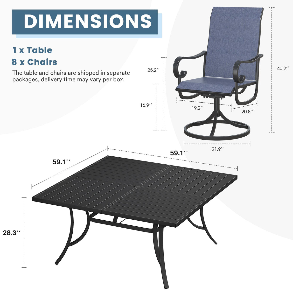 Vicllax 9 Pieces Outdoor Dining Set with 59" Square Dining Table and Swivel Chairs