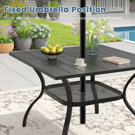 Vicllax 5 Pcs Outdoor Dining Set, Square Metal Table with Storage Shelf and 4 Swivel Chairs