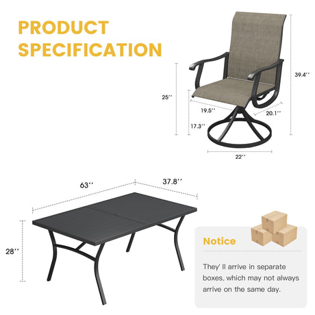 Vicllax Juego de comedor de exterior de 7 piezas con mesa rectangular de metal y sillas giratorias de textileno