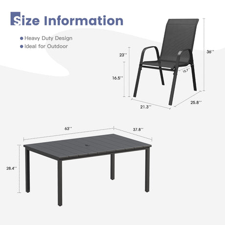 Vicllax 7 Pieces Outdoor Dining Set, Patio Rectangular 63" Metal Table and Horizon Stackable Chair