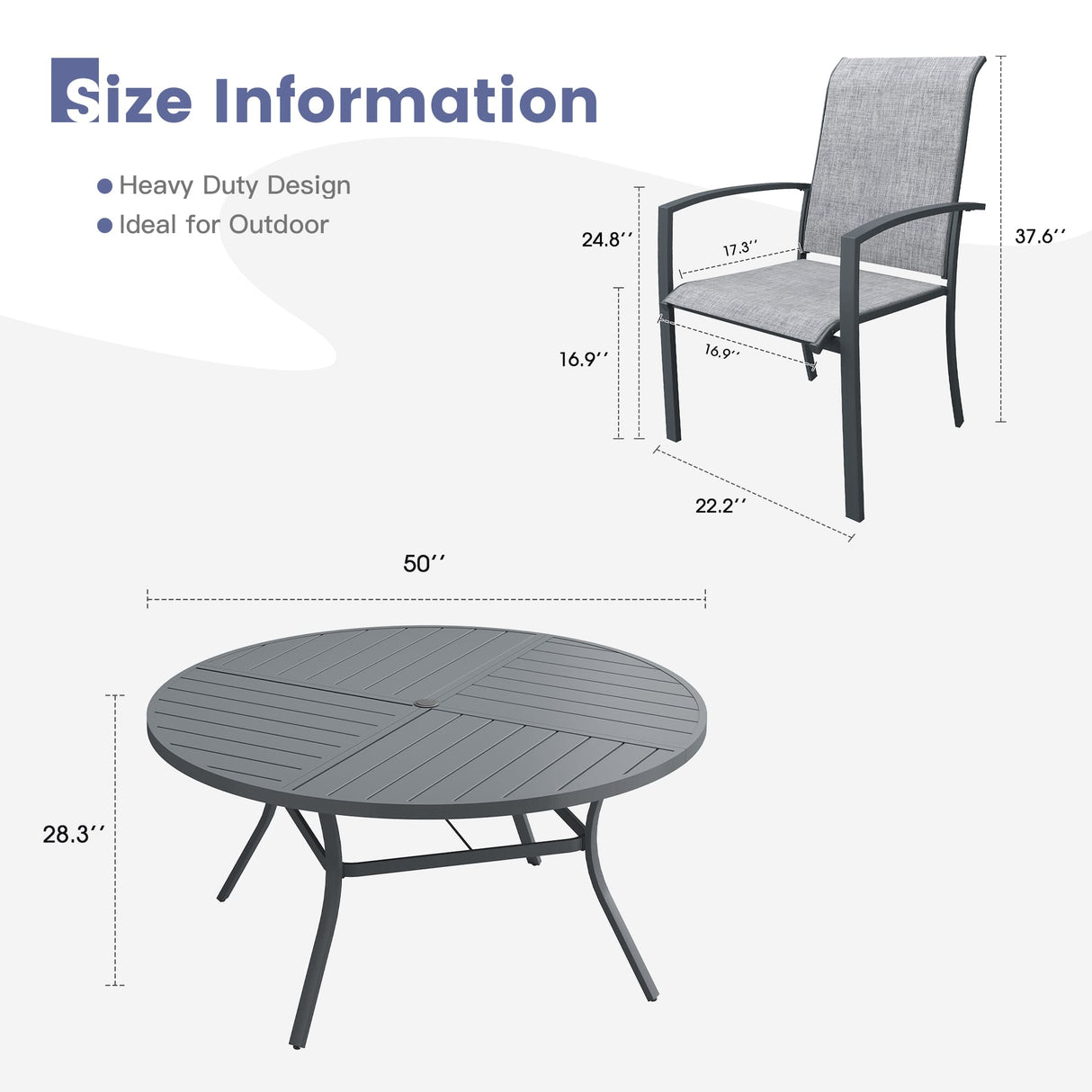 Vicllax 7 PCS Patio Dining Table Set, 50" Round Metal Table with Shelf and Skyline Stackable Chair
