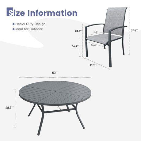 Vicllax 7 PCS Patio Dining Table Set, 50" Round Metal Table with Shelf and Skyline Stackable Chair