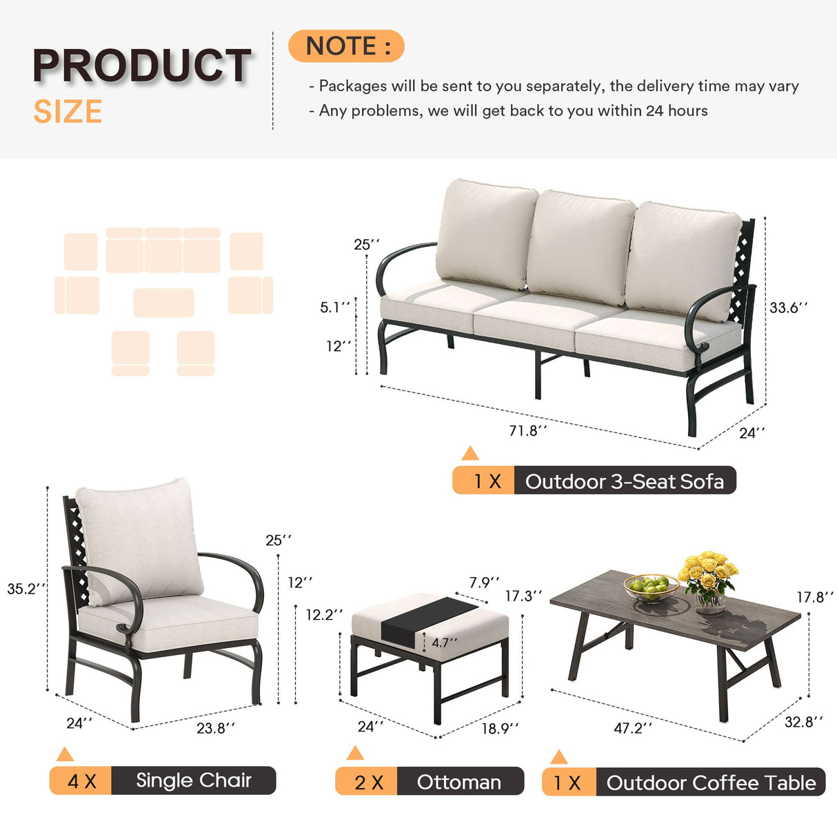 Vicllax Outdoor Patio Conversation Set with Cushioned Sofa Chairs, Ottomans and Coffee Table