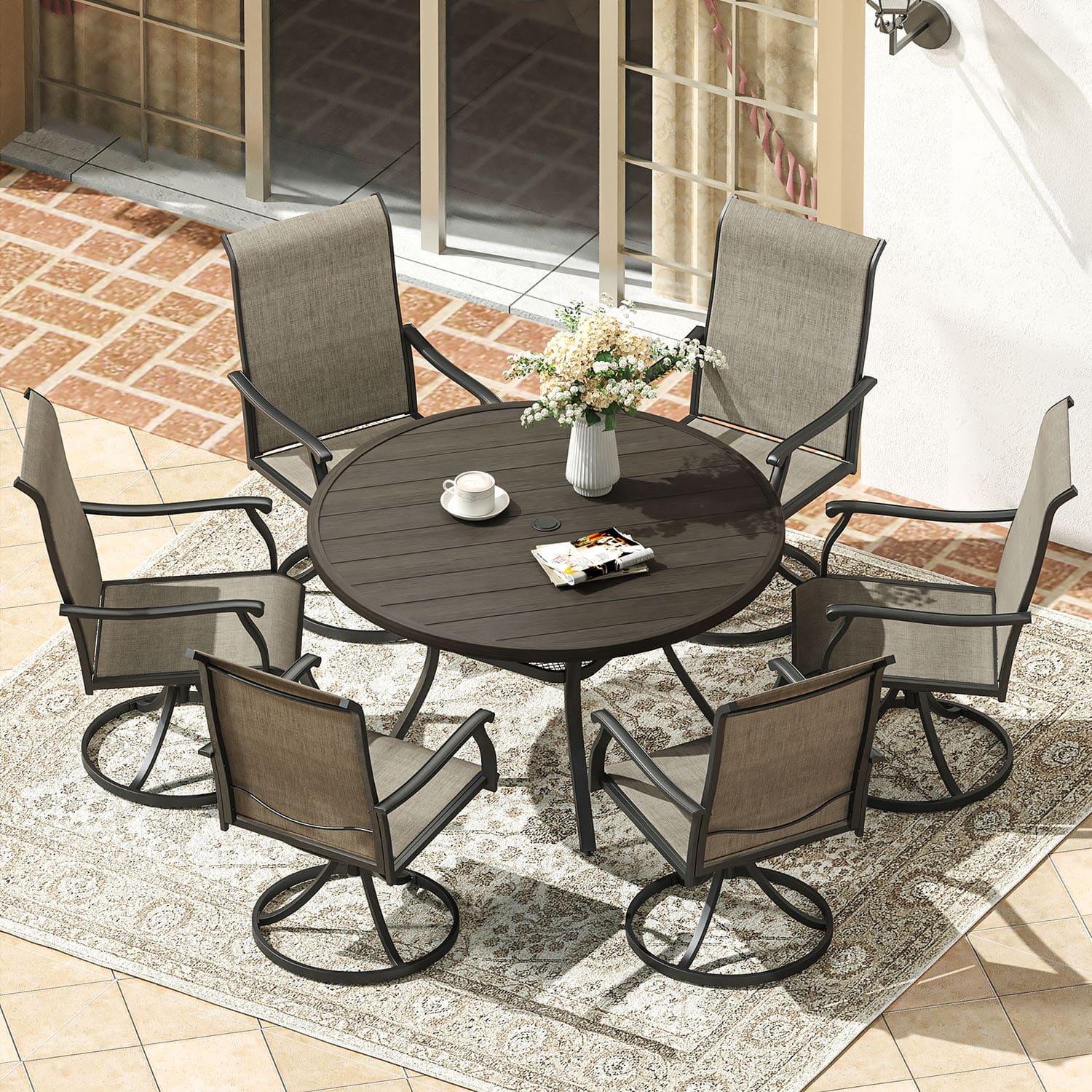 Vicllax 7 Pieces Outdoor Dining Set with 48" Round Dining Table and Swivel Chairs