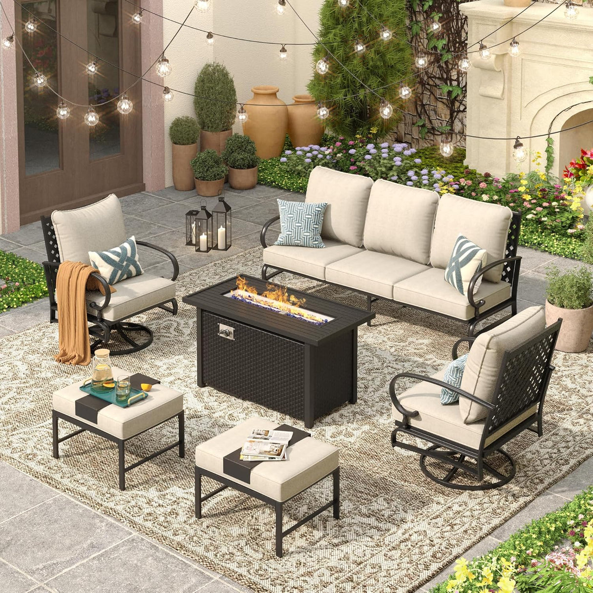 Vicllax 6-Piece Outdoor Patio Conversation Sofa Set With Metal Rectangular Fire Pit and Ottomans