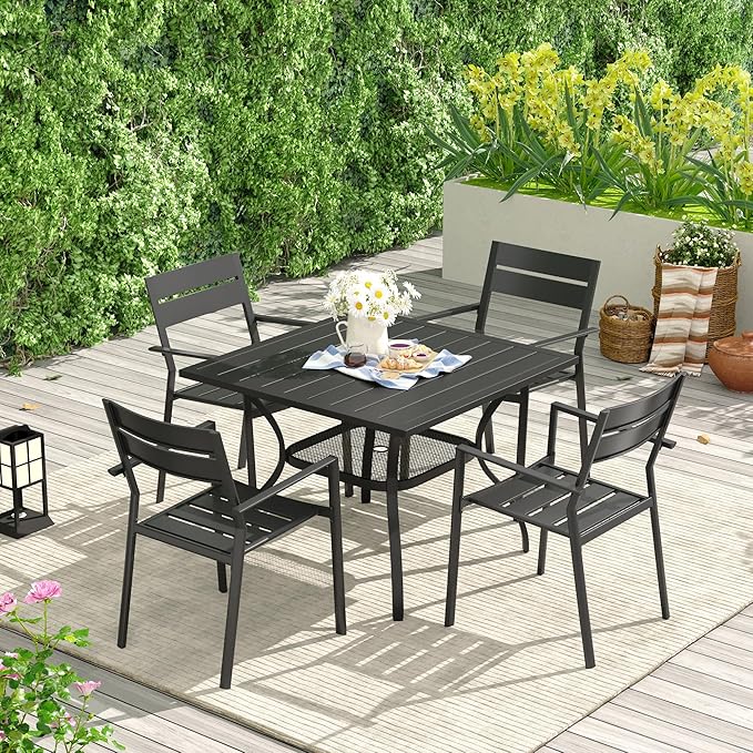 VICLLAX Patio 5 Pieces Outdoor Dining Set for 4, 37.8" Outdoor Square Table and Metal Stackable Chair