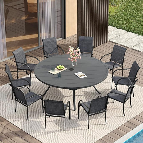 Vicllax 11 Pcs Outdoor Dining Set with 60“ Round Metal Table and Stackable Sling Chair