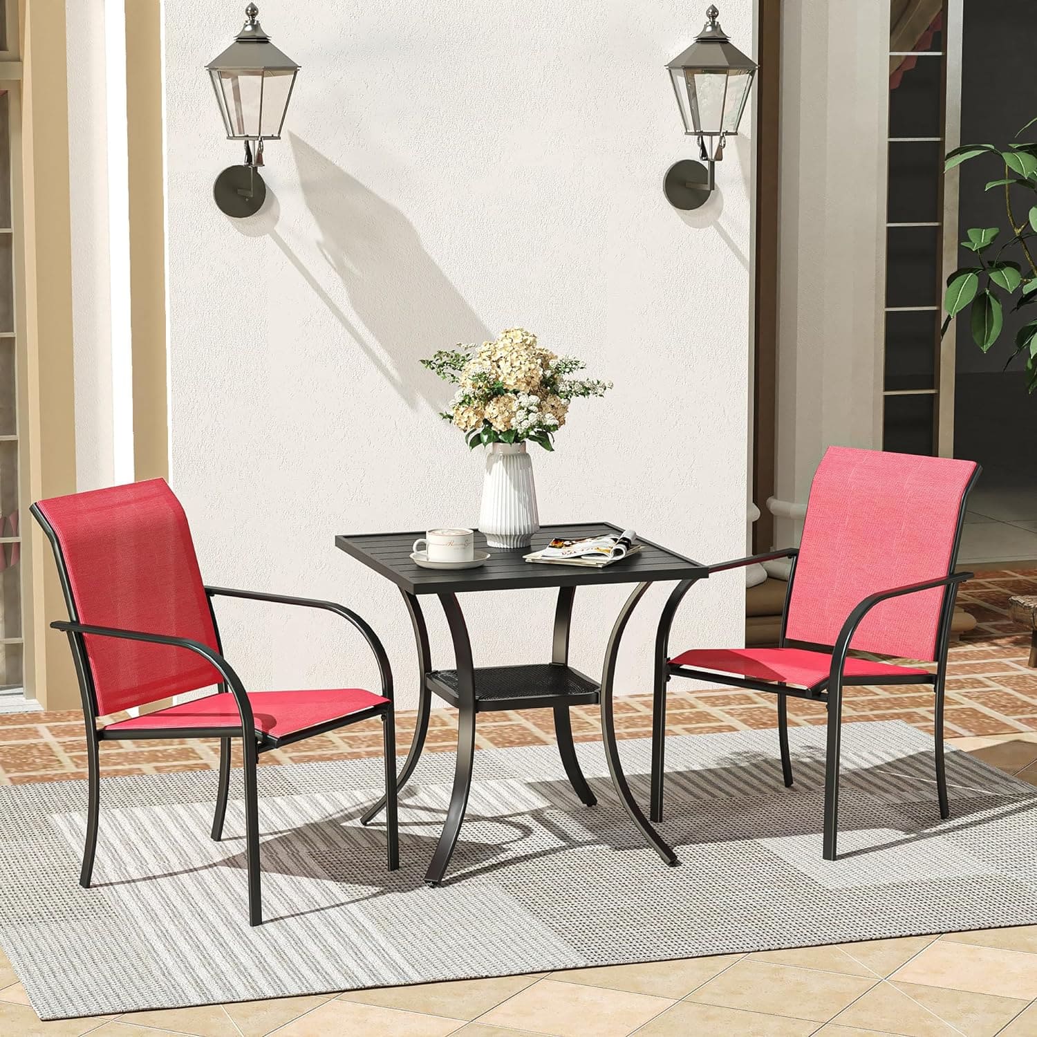 Vicllax 3-Piece Patio Bistro Set, Outdoor Stackable Sling Chairs and Square Bisto Table