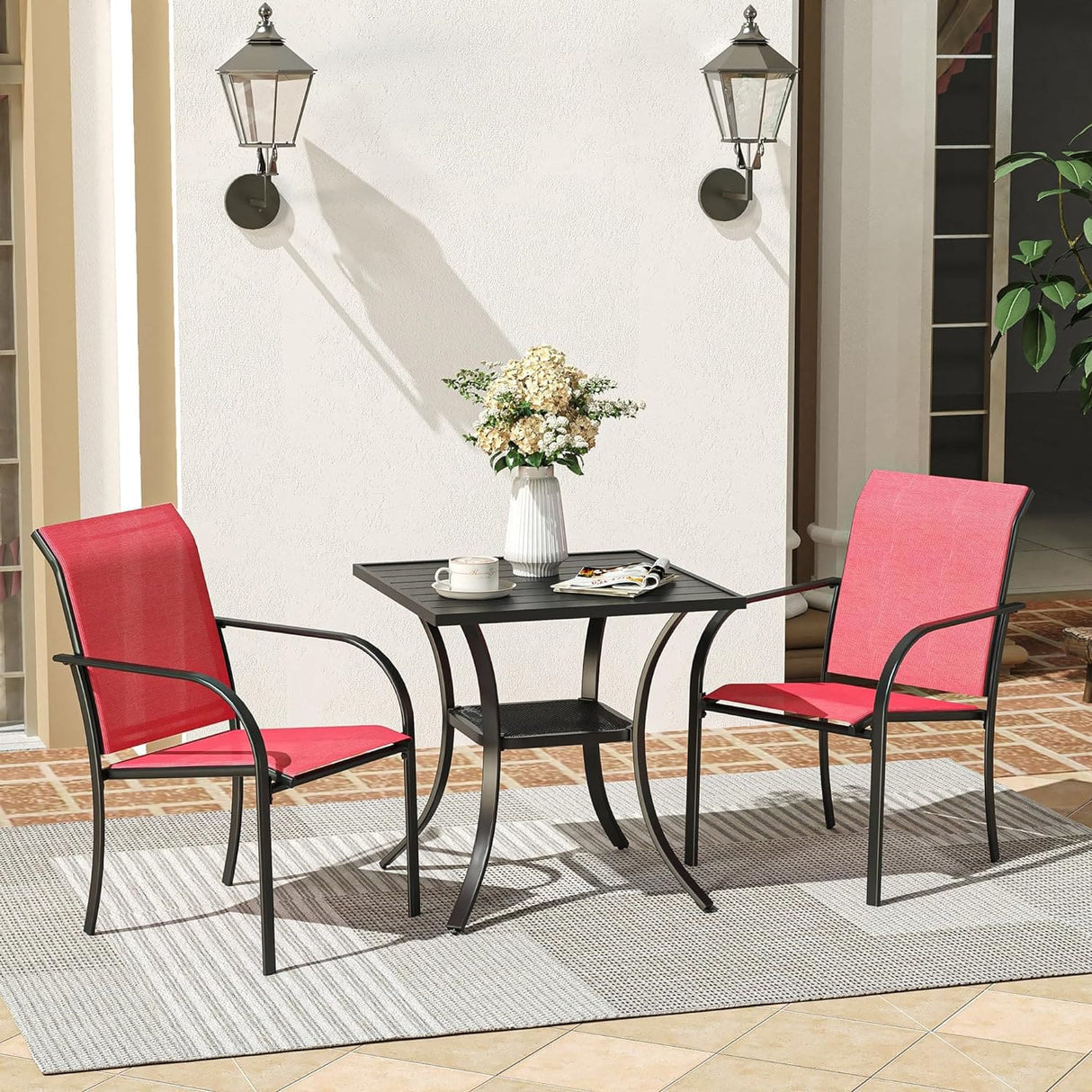Vicllax 3-Piece Patio Bistro Set, Outdoor Stackable Sling Chairs and Black Metal Square Table