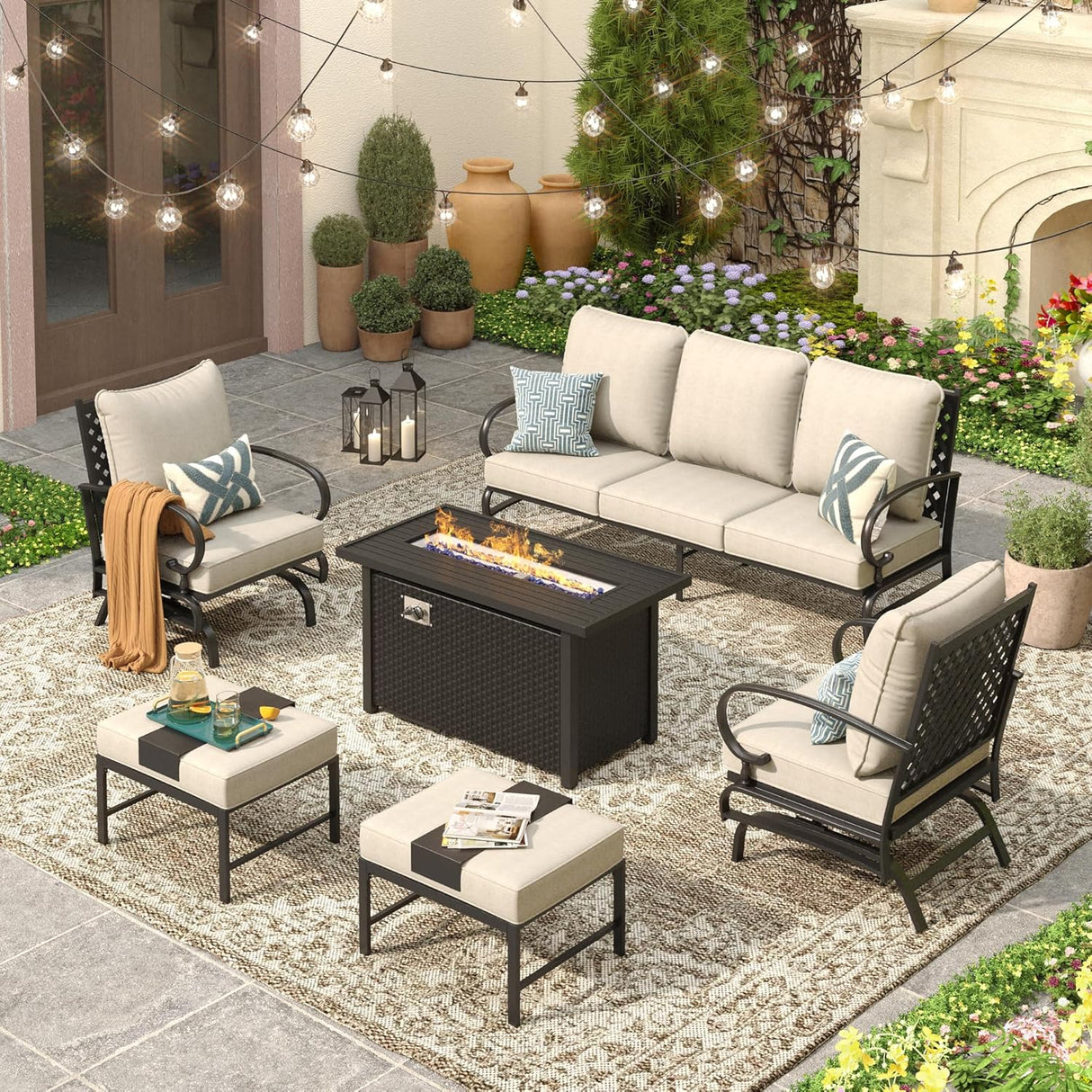 Vicllax 6-Piece Outdoor Patio Conversation Sofa Set With Metal Rectangular Fire Pit and Ottomans