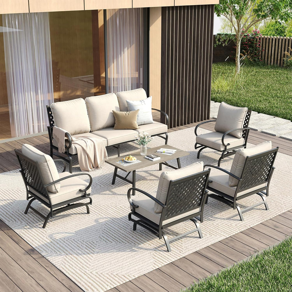 Vicllax Outdoor Patio Conversation Set with Cushioned Sofa Chairs, Ottomans and Coffee Table