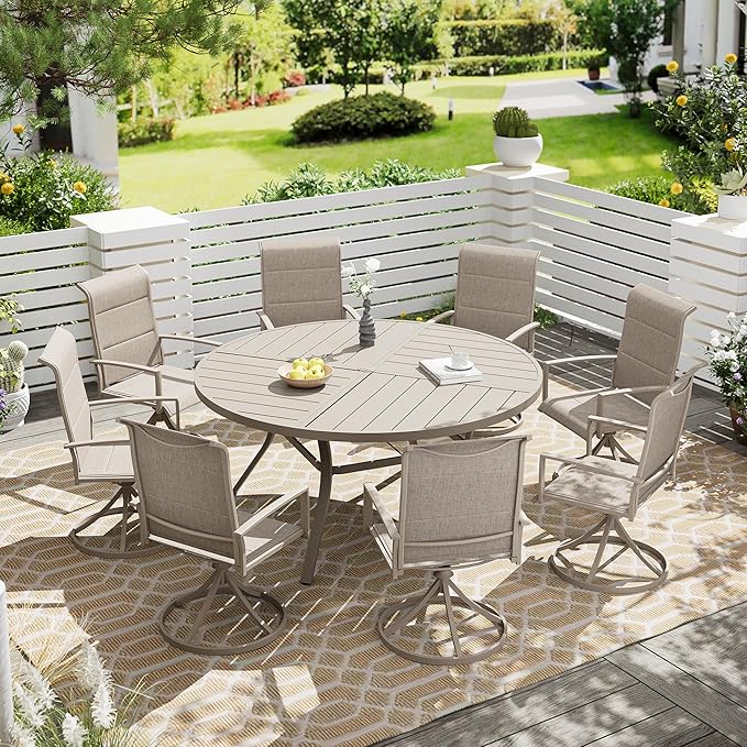 Vicllax 7/9 Pieces Outdoor Dining Set, Metal Round Dining Table and Premium Paddad Swivel Chairs