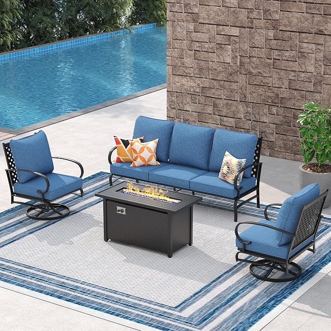 Vicllax 4-Piece Outdoor Patio Conversation Sofa Set, With Metal Rectangular Fire Pit Table (Blue)