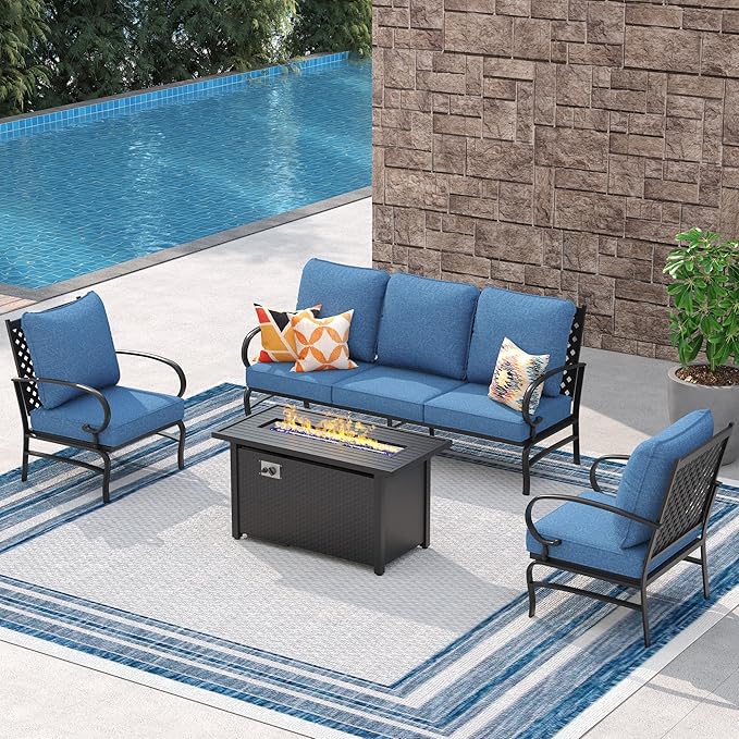 Vicllax 4-Piece Outdoor Patio Conversation Sofa Set, With Metal Rectangular Fire Pit Table (Blue)
