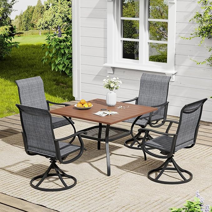 VICLLAX 5 Pieces Outdoor Dining Set, Swivel Dining Chairs and 37.8" Square Patio Table with Storage Shelf