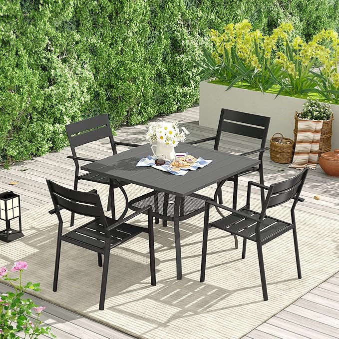 VICLLAX Patio 5 Pieces Outdoor Dining Set for 4, 37.8" Outdoor Square Table and Metal Stackable Chair