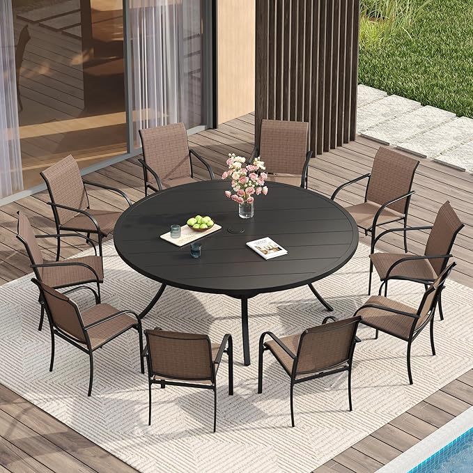 Vicllax 11 Pcs Outdoor Dining Set with 60“ Round Metal Table and Stackable Sling Chair