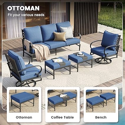 Vicllax Outdoor Patio Conversation Sofa Set with Cushioned Sofa Chairs and Metal Rectangular Fire Pit, Blue