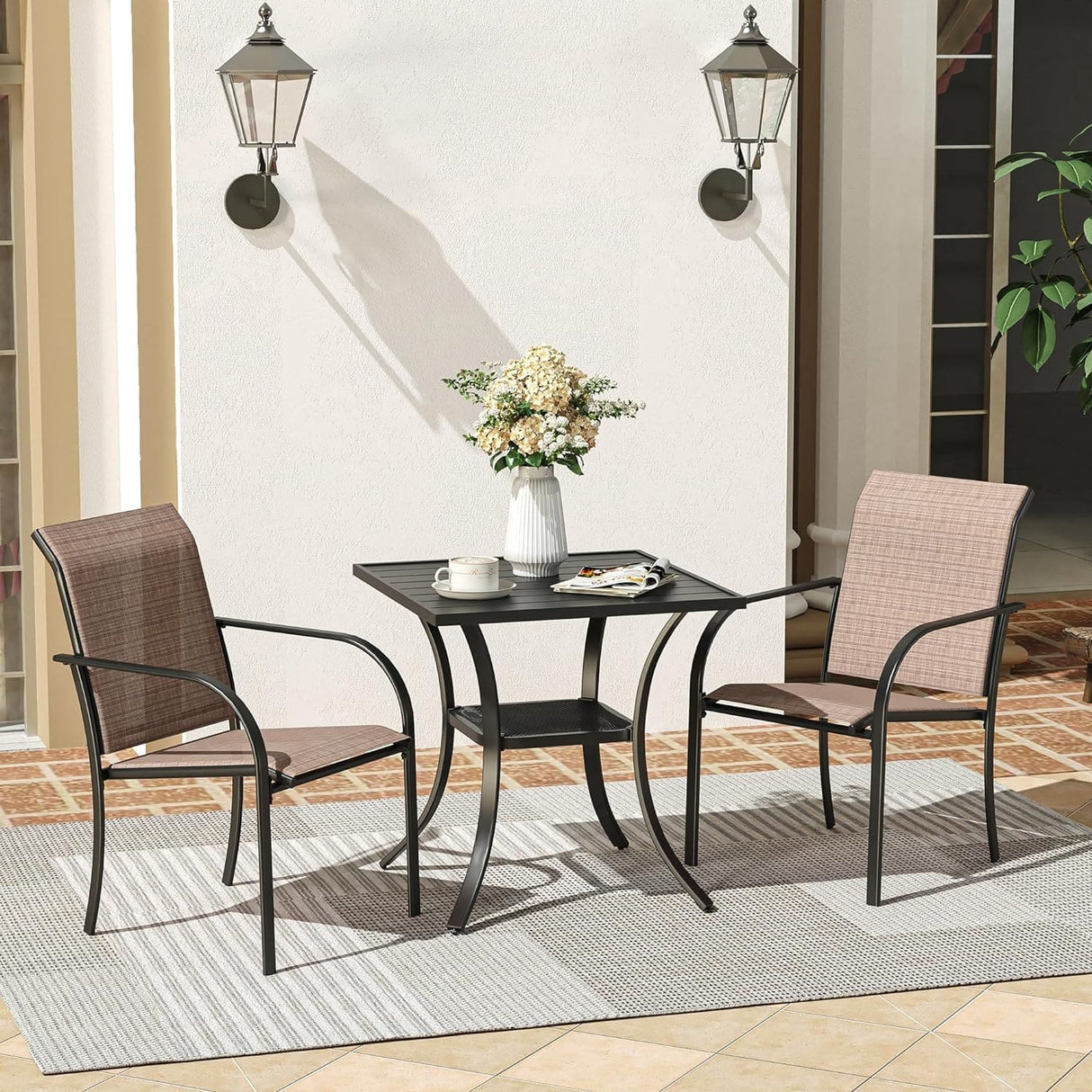 Vicllax 3-Piece Patio Bistro Set, Outdoor Stackable Sling Chairs and Black Metal Square Table
