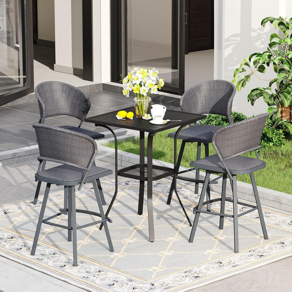 Vicllax 3/5 PCS Outdoor Swivel Bar Set, Patio Wicker Bar Chairs and Square Bar Table
