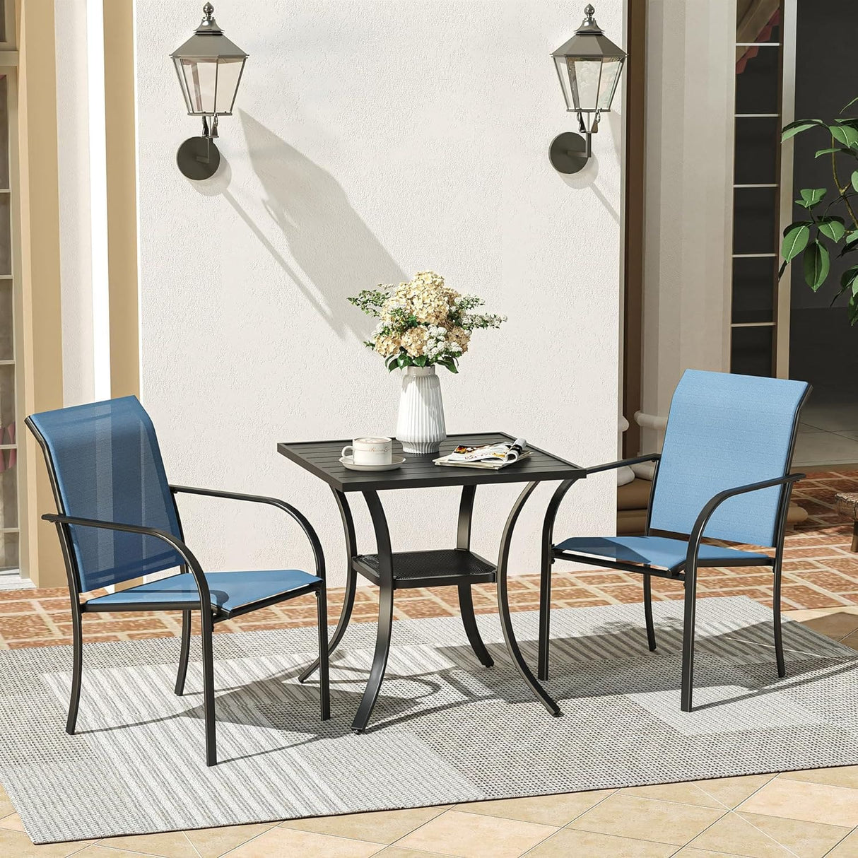 Vicllax 3-Piece Patio Bistro Set, Outdoor Stackable Sling Chairs and Black Metal Square Table