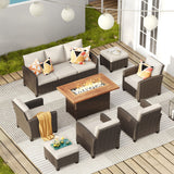 Vicllax Patio Furniture Set, Wicker Outdoor Conversation Set with Cushioned Sofa Chairs Fire Pit Table and Ottomans