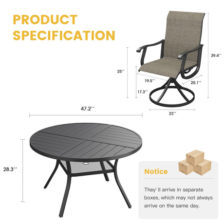 Vicllax Juego de comedor para exterior de 5 piezas con mesa redonda de metal de 42" y 4 sillas giratorias acolchadas