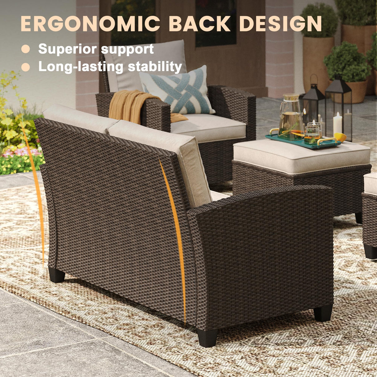 Vicllax Patio Furniture Set, Wicker Outdoor Conversation Set with Cushioned Sofa Chairs Fire Pit Table and Ottomans