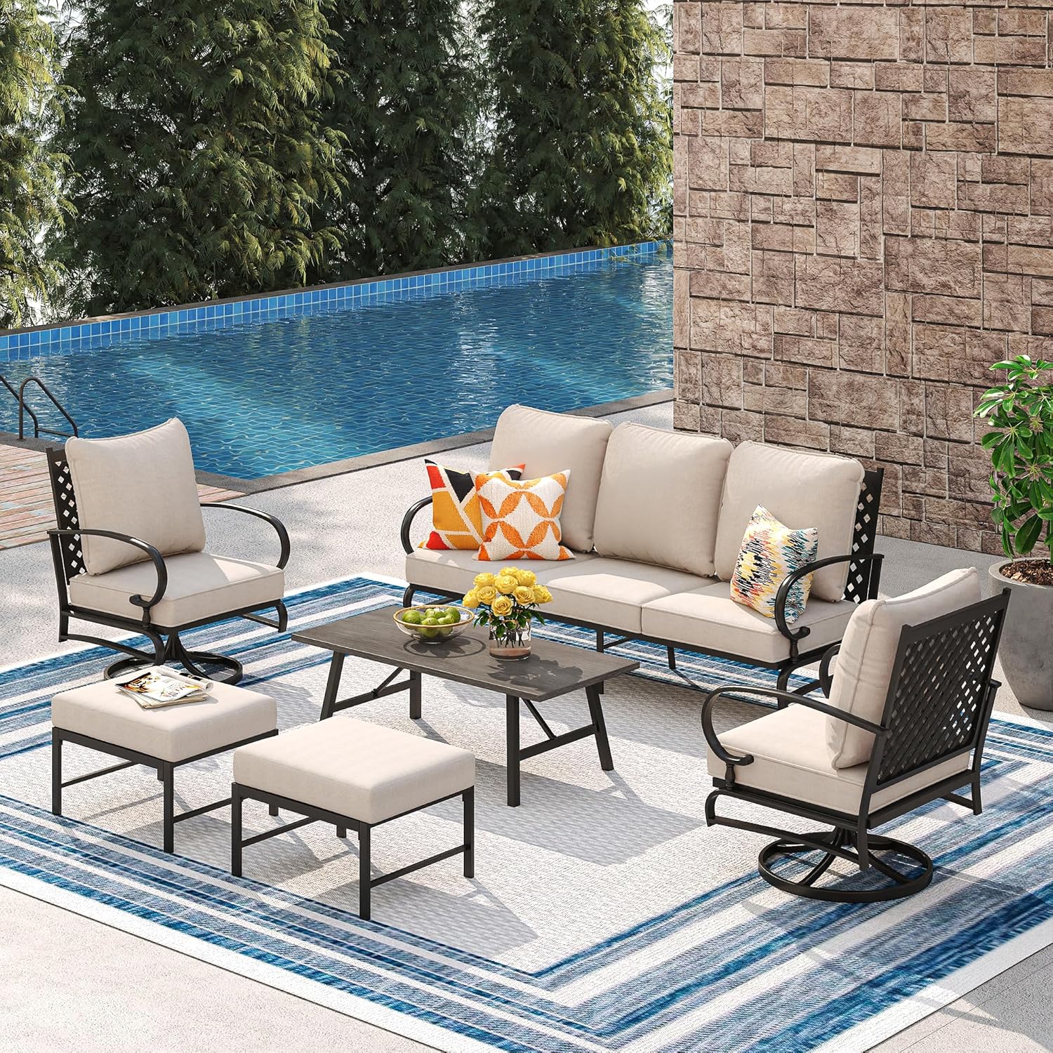 Vicllax Patio Conversation Set with Cushioned Sofa Chairs, Ottomans and Coffee Table