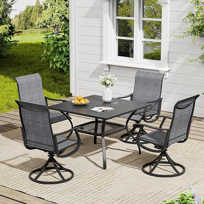 VICLLAX 5 Pieces Outdoor Dining Set, Swivel Dining Chairs and 37.8" Square Patio Table with Storage Shelf
