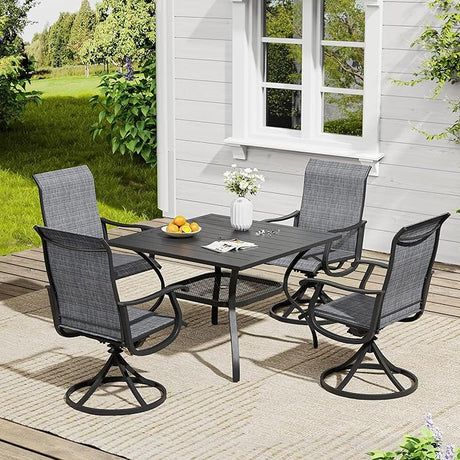 VICLLAX 5 Pieces Outdoor Dining Set, Swivel Dining Chairs and 37.8" Square Patio Table with Storage Shelf