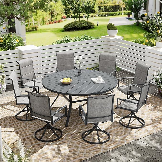 Vicllax 7/9 Pieces Outdoor Dining Set, Metal Round Dining Table and Premium Paddad Swivel Chairs