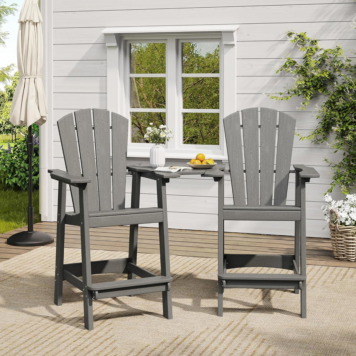 Vicllax Outdoor HDPE Adirondack Bar Chair, Patio Bar Stools with Umbrella Hole