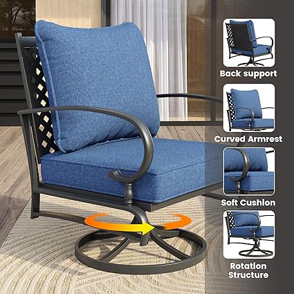 Vicllax Outdoor Patio Conversation Sofa Set with Cushioned Sofa Chairs and Metal Rectangular Fire Pit, Blue