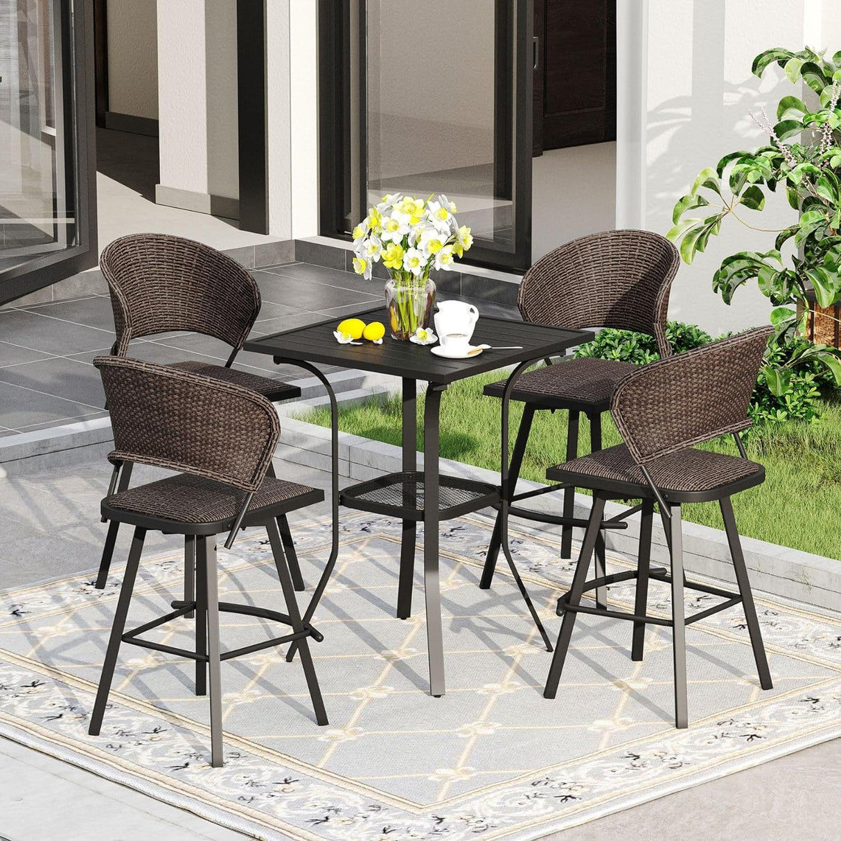 Vicllax 3/5 PCS Outdoor Swivel Bar Set, Patio Wicker Bar Chairs and Square Bar Table