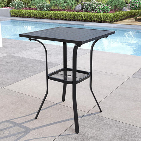 Vicllax Mesa de bar para exteriores con orificio para sombrilla, mesa cuadrada de altura con barra de metal para patio 